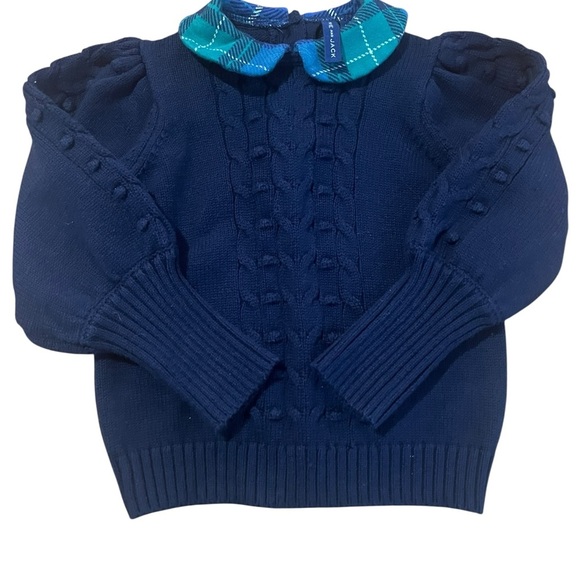 Janie and Jack Blue Cable Knit Teal Tartan Collar Sweater SZ 3 - Picture 3 of 13